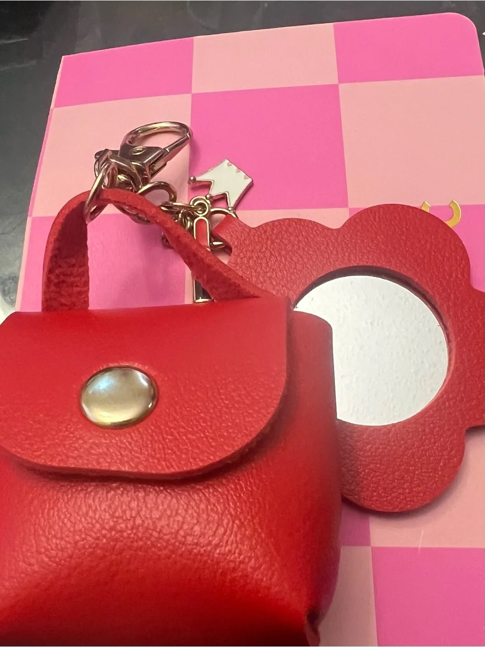 Mini Red Leather bag charm Purse with Mirror Charm, lipstick and crown charm.